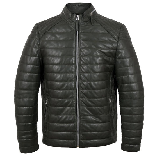 MEN'S OLIVE PUFFER LEATHER JACKET