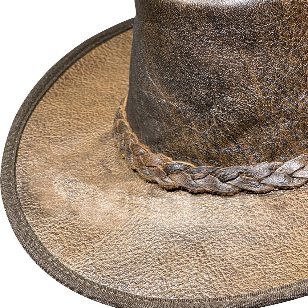 Brown Cowboy Hat With Braided Hatband Foldable Wide Brim